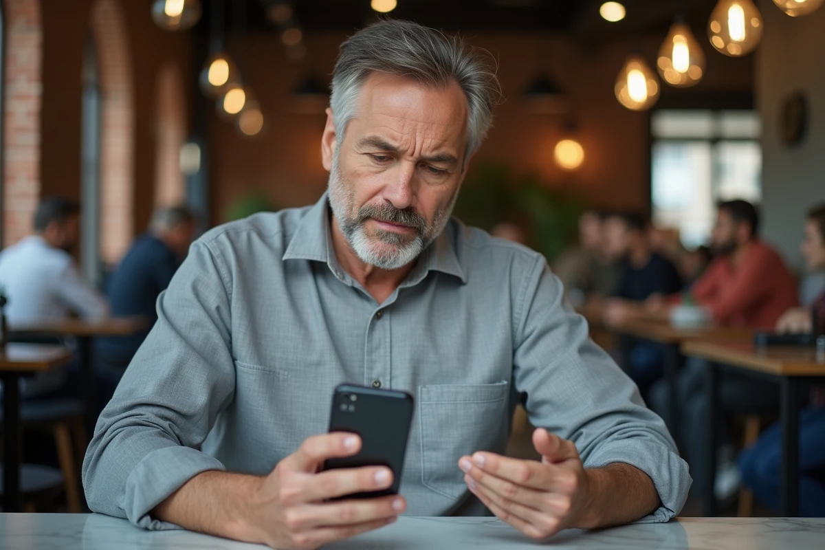 Homme sceptique consultant les autorisations de données d'une application d'achat en ligne sur son smartphone dans un café