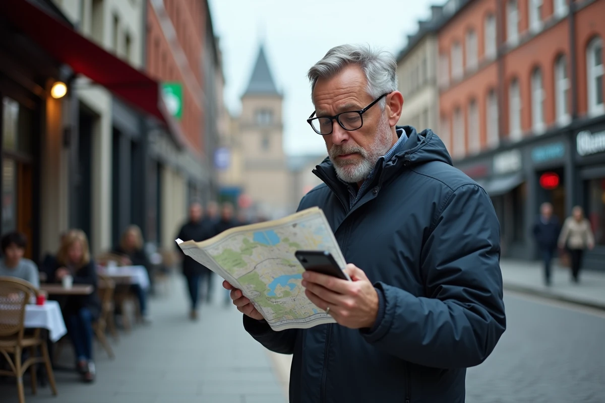 Homme consultant un plan et son smartphone pour retrouver une adresse dans une rue de ville