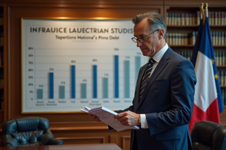 Homme politique français en costume regardant un graphique de la dette