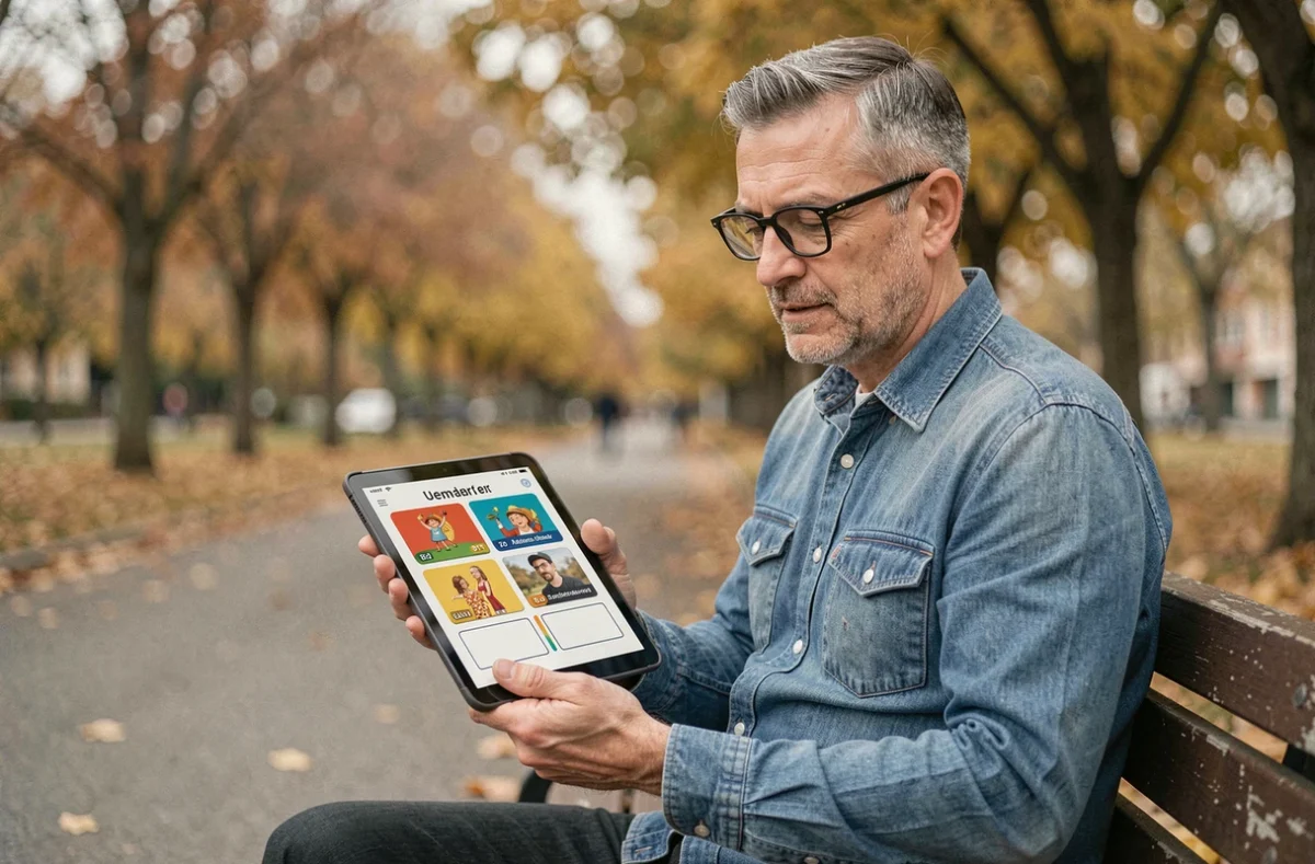 Homme en train de résoudre un puzzle 4 images 1 mot sur une tablette dans un parc en automne
