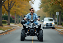 Quad homologué : les avantages et inconvénients par rapport à une voiture Homme en casual avec quad et voiture dans quartier calme