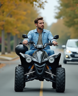 Homme en casual avec quad et voiture dans quartier calme