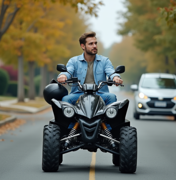 Quad homologué : les avantages et inconvénients par rapport à une voiture Homme en casual avec quad et voiture dans quartier calme
