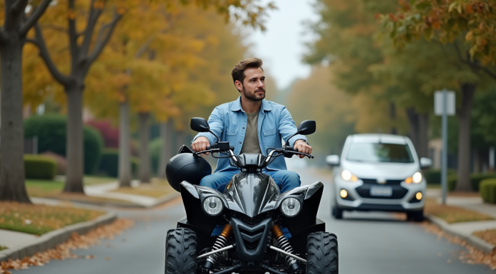 Homme en casual avec quad et voiture dans quartier calme
