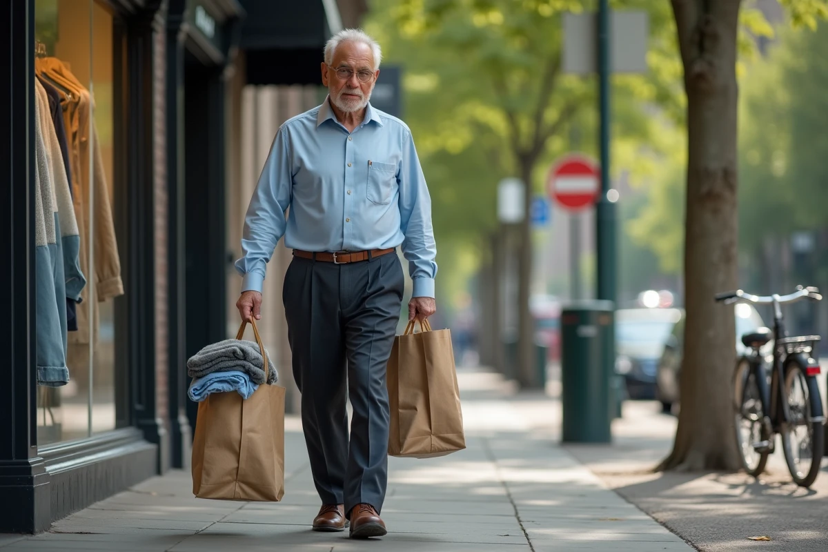 Homme avec sac de vêtements recyclés dans une rue urbaine