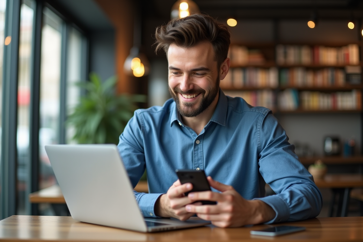 Homme en café moderne utilisant smartphone et ordinateur