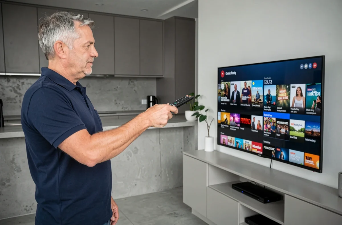 Homme utilisant une télécommande pour naviguer dans le guide des chaînes Freebox Pop sur sa télévision connectée