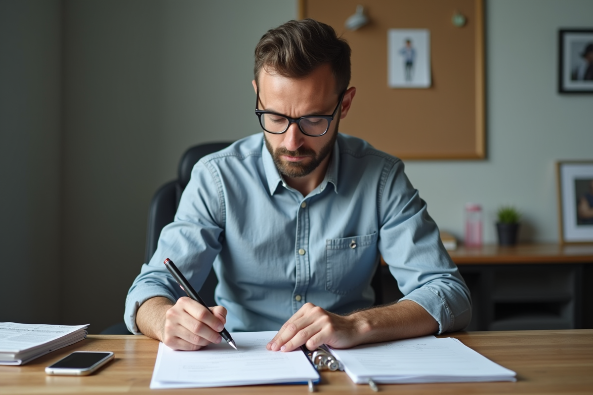 Homme travaillant sur ses notes dans un bureau minimaliste
