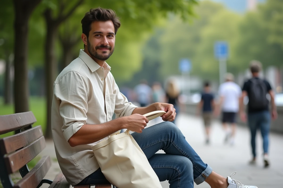 Homme avec sac réutilisable dans un parc urbain
