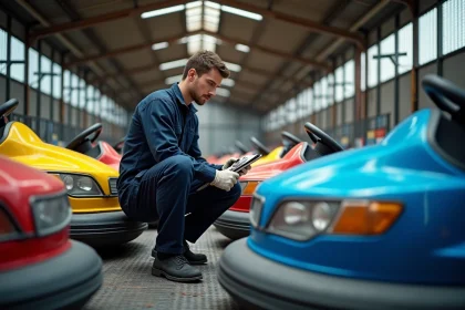 Technicien inspectant des autos tamponneuses dans une salle de parc d'attractions, vérification des garanties et de l'état mécanique des véhicules