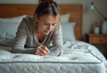 Femme inspectant un matelas avec une loupe dans une chambre chaleureuse
