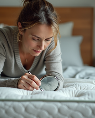 Femme inspectant un matelas avec une loupe dans une chambre chaleureuse