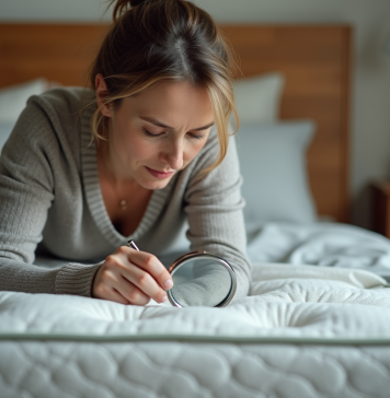 Comment effectuer un traitement efficace contre les punaises de lit : méthodes et astuces Femme inspectant un matelas avec une loupe dans une chambre chaleureuse