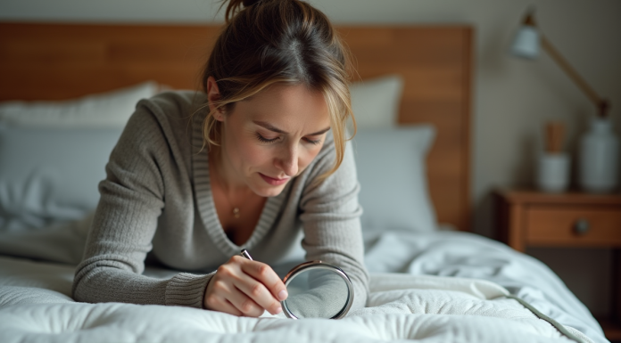 Femme inspectant un matelas avec une loupe dans une chambre chaleureuse