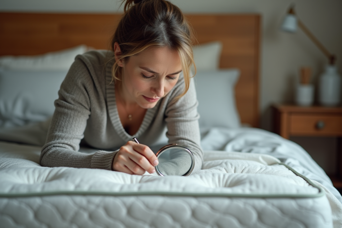 Femme inspectant un matelas avec une loupe dans une chambre chaleureuse