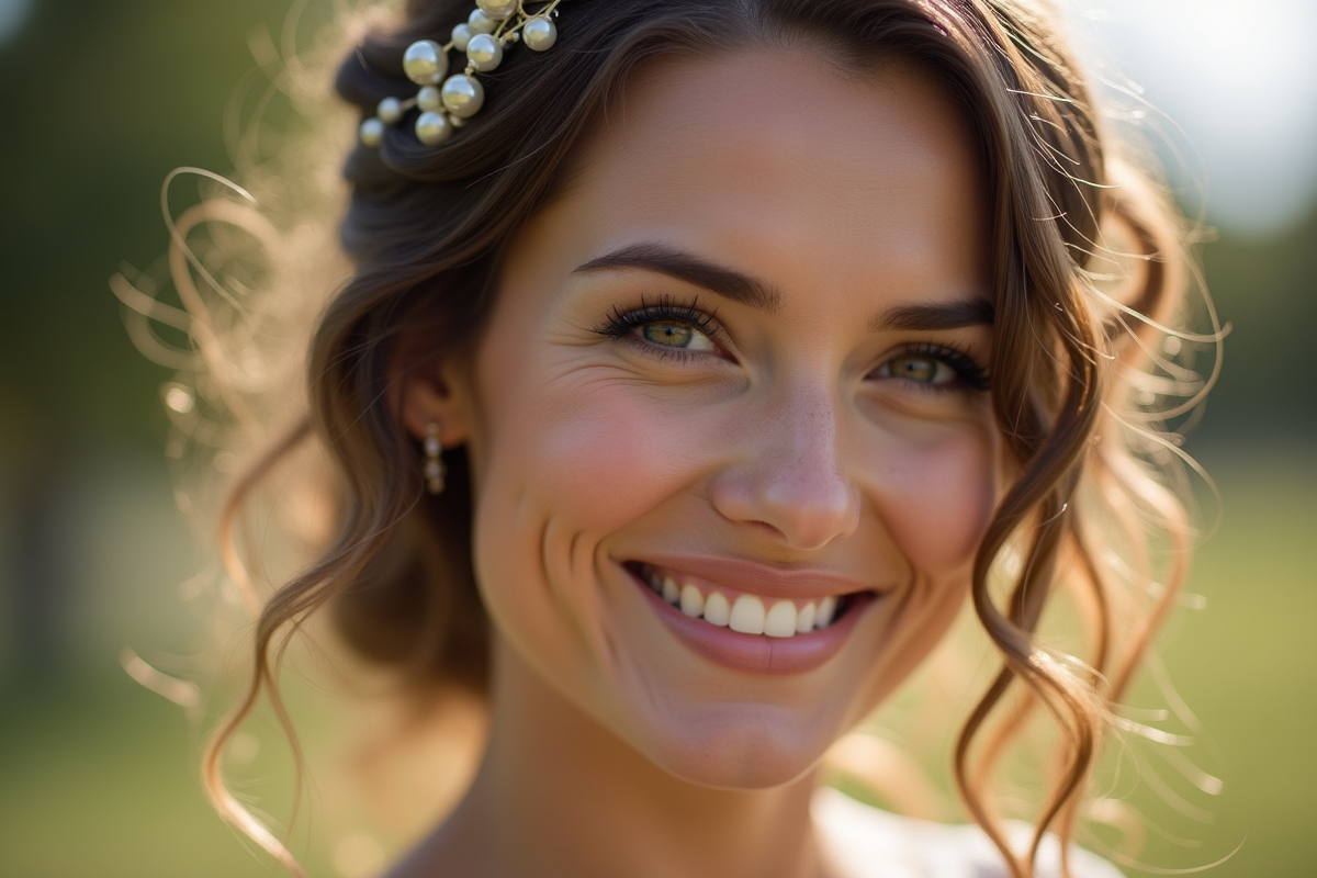Invité de mariage souriant avec boucles et accessoires