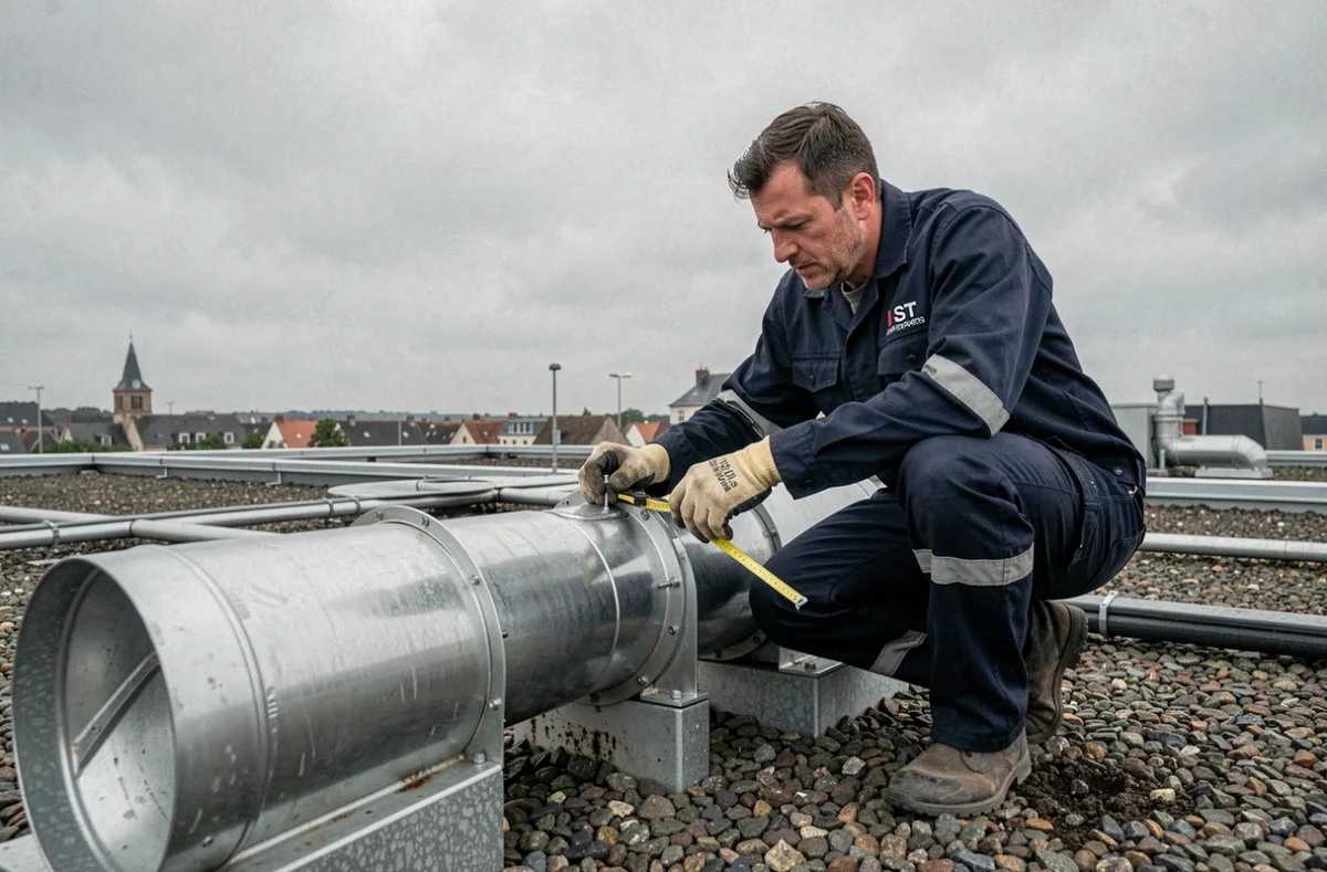Technicien IST installant un groupe de ventilation sur un toit commercial à Caen sous un ciel normand couvert