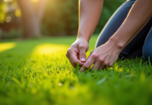 Femme arrachant des mauvaises herbes dans un jardin au matin