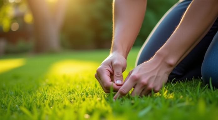 Femme arrachant des mauvaises herbes dans un jardin au matin