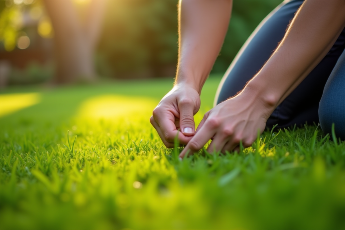 jardinage-mains-herbes-matin Femme arrachant des mauvaises herbes dans un jardin au matin