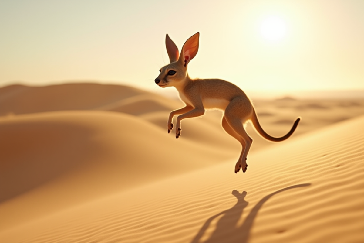 Jerboa en saut au milieu des dunes en plein jour