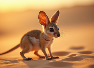 Étonnant jerboa : un rongeur désertique parmi les animaux en J Jerboa debout sur le sable chaud au lever du soleil