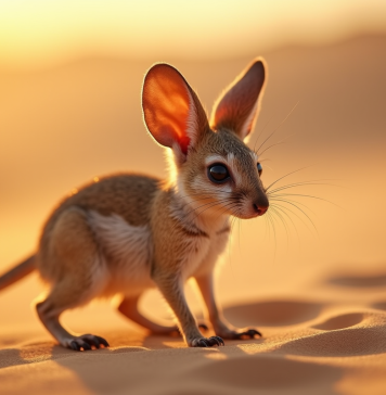 Étonnant jerboa : un rongeur désertique parmi les animaux en J Jerboa debout sur le sable chaud au lever du soleil