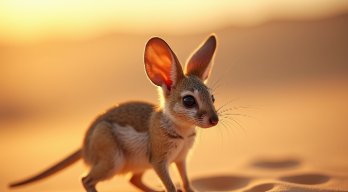 Jerboa debout sur le sable chaud au lever du soleil