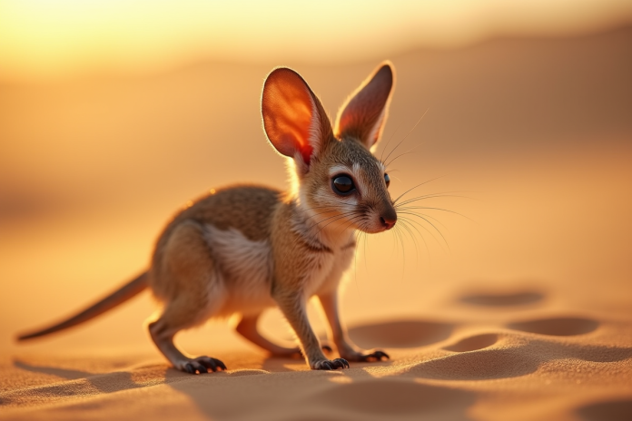 Jerboa debout sur le sable chaud au lever du soleil