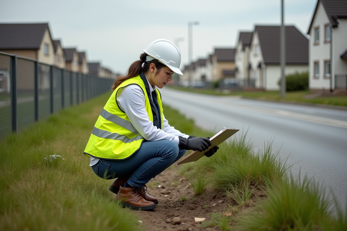 Jeune architecte en extérieur inspectant le sol avec un vestiaire de sécurité