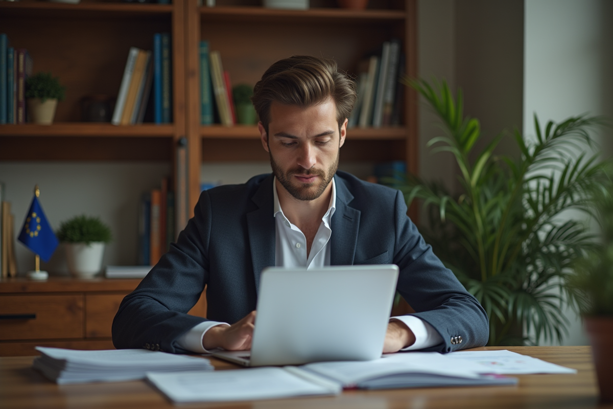 Jeune économiste travaillant sur un ordinateur dans un bureau