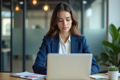 Jeune femme en coworking arrangeant son ordinateur et carnet