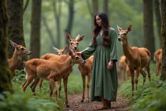 Jeune femme dans la forêt entourée de cerfs et touchant un faon