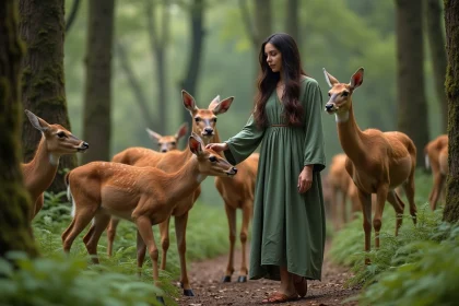 Jeune femme dans la for&ecirc;t entour&eacute;e de cerfs et touchant un faon