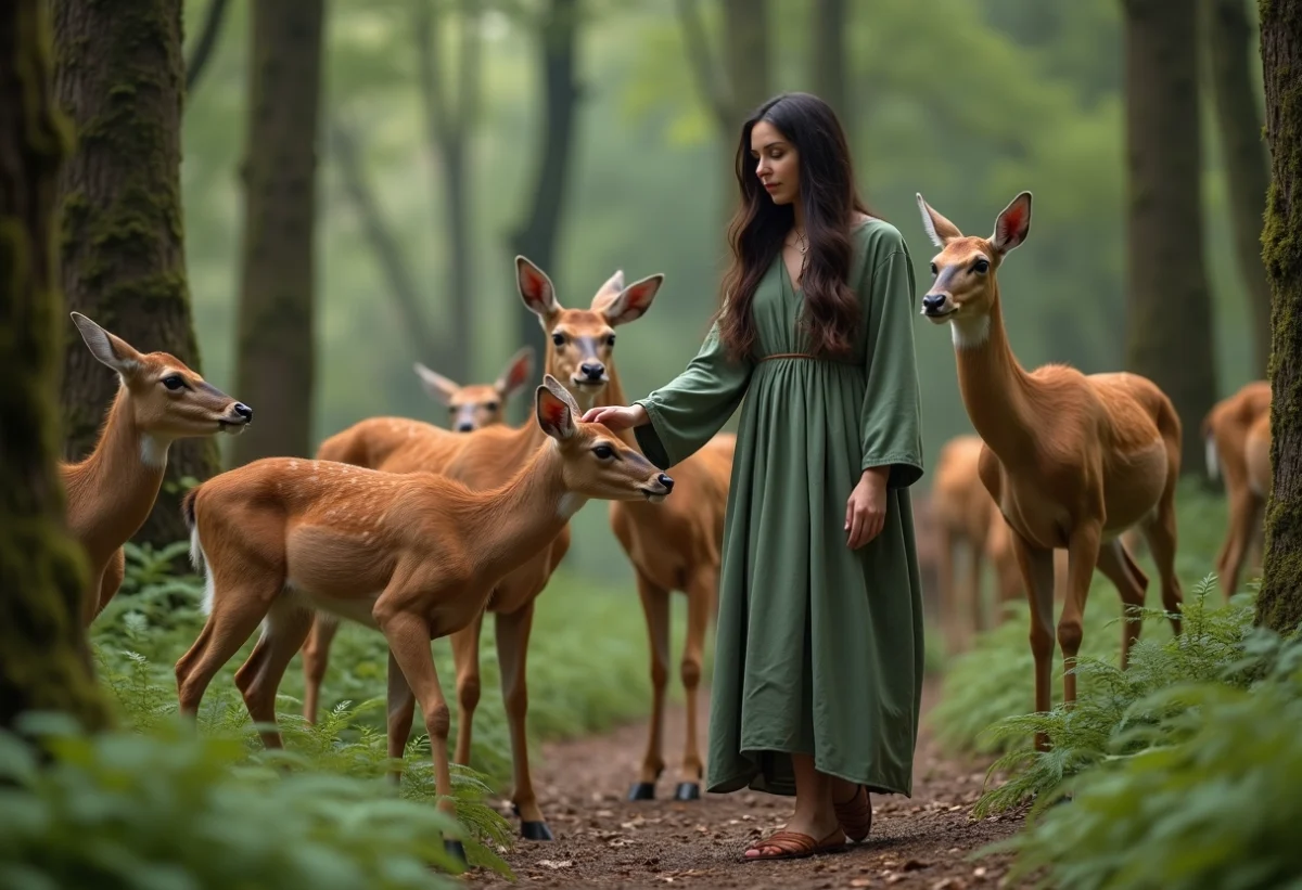 Jeune femme dans la forêt entourée de cerfs et touchant un faon