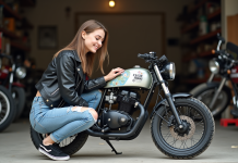 Les tendances 2025 en matière de customisation de moto 50 cc Jeune femme customisant une moto dans un garage extérieur