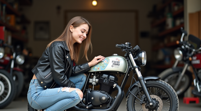Jeune femme customisant une moto dans un garage extérieur