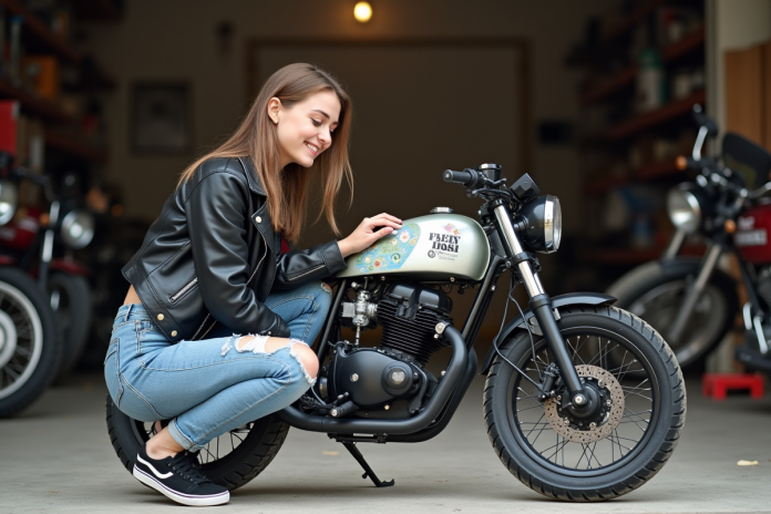 jeune-femme-moto-custom Jeune femme customisant une moto dans un garage extérieur