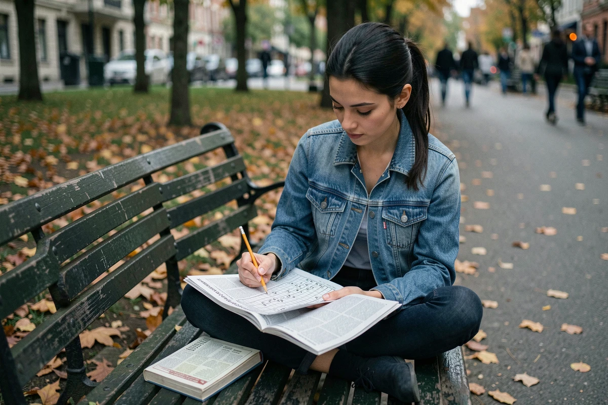 Jeune femme résolvant des mots fléchés sur un banc de parc en automne