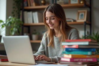 Jeune femme concentrée à son bureau avec livres CRPE