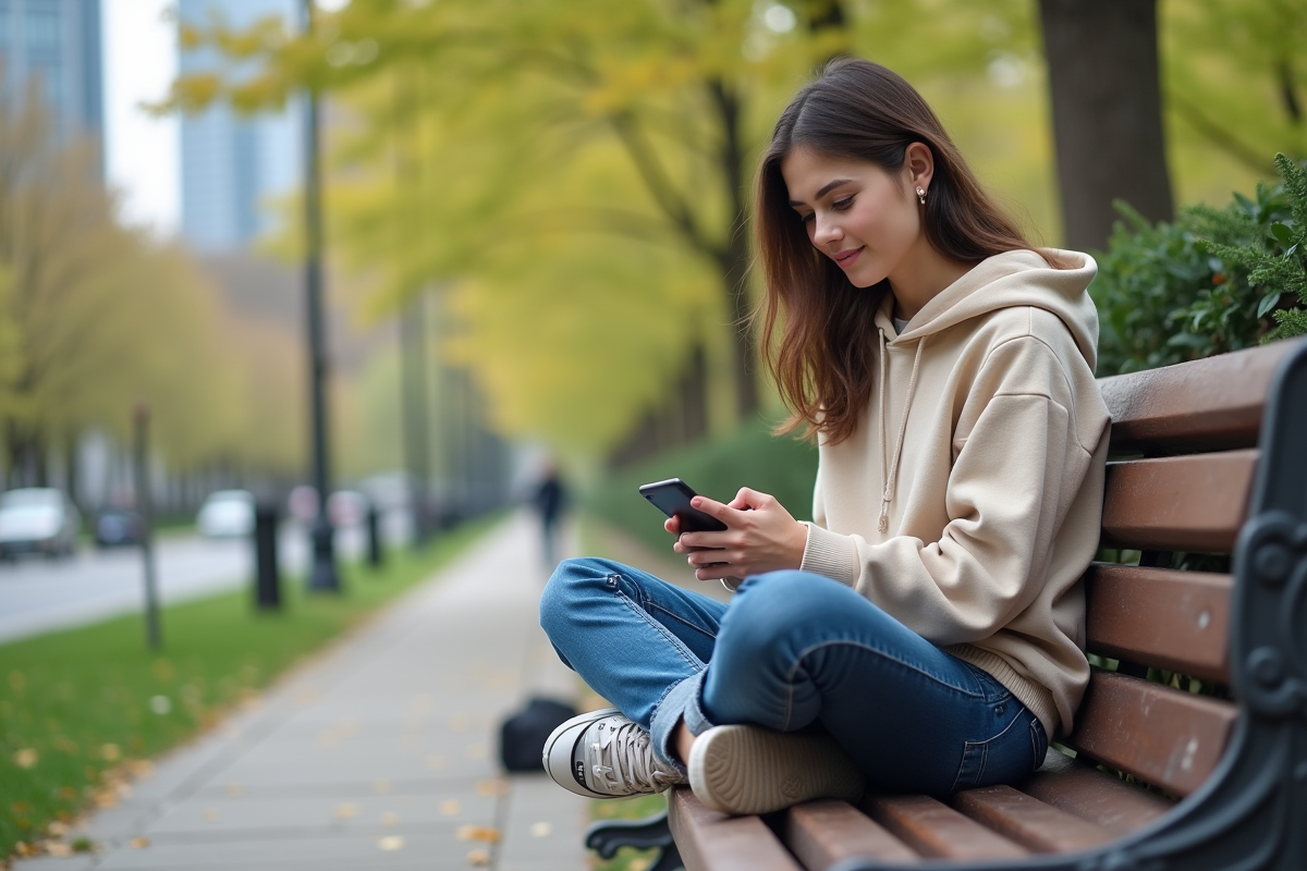 Jeune femme assise dans un parc avec son smartphone