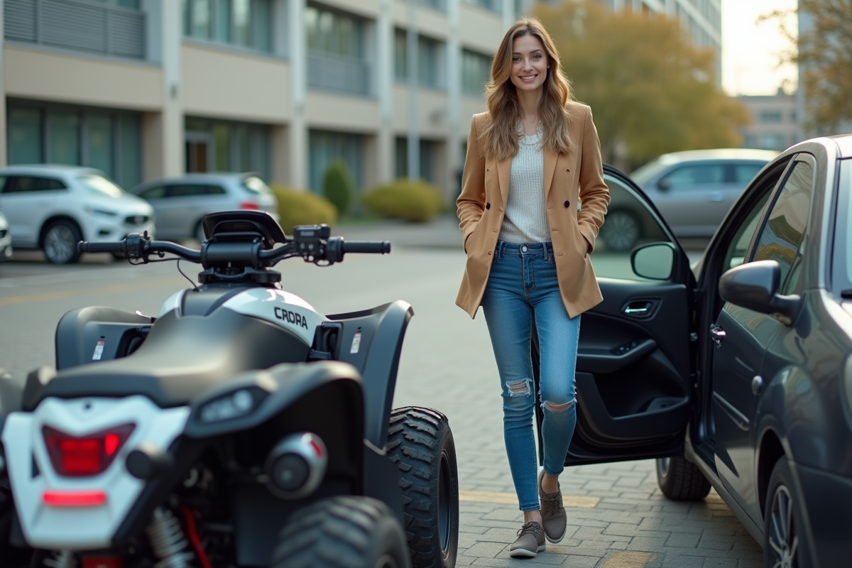 Jeune femme sortant de voiture avec quad en ville