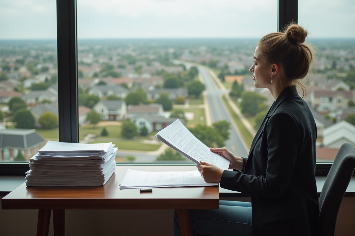 Jeune femme analysant des documents de zonage à l