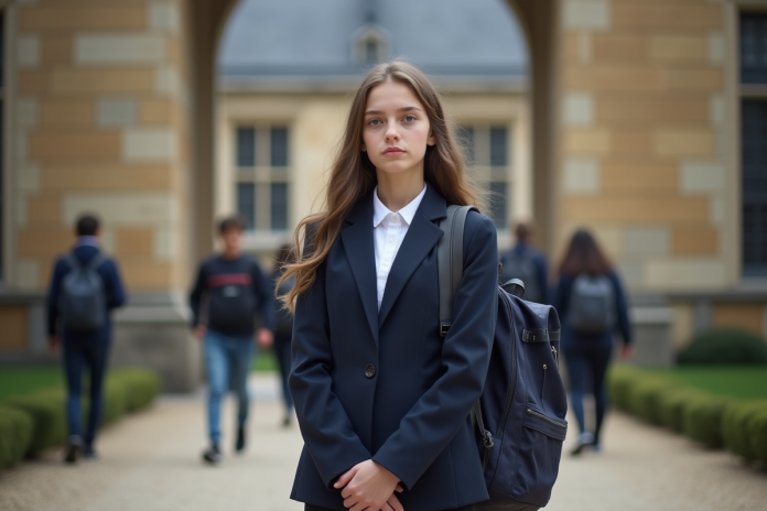 Jeune fille anxieuse devant le lycée français
