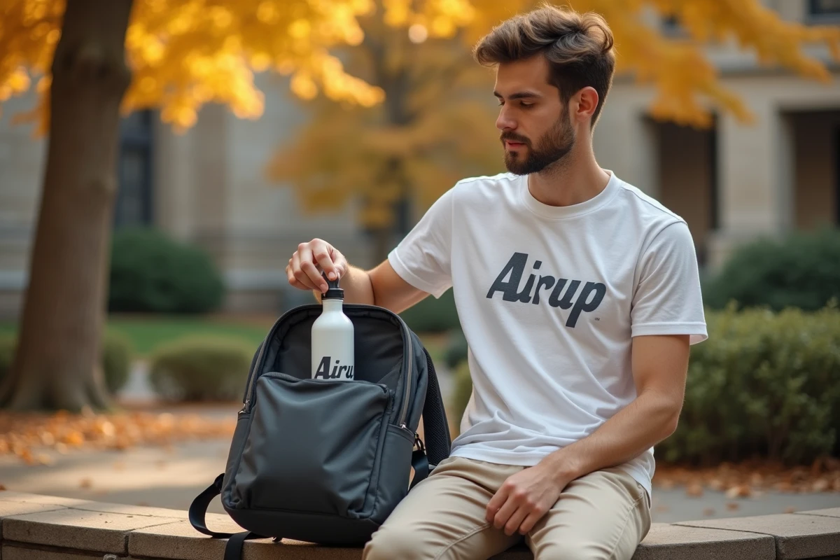 Jeune homme rangeant une gourde Air Up dans son sac à dos sur un campus universitaire en automne