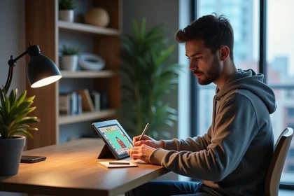 Jeune homme concentr&eacute; jouant &agrave; un jeu de soci&eacute;t&eacute; sur tablette