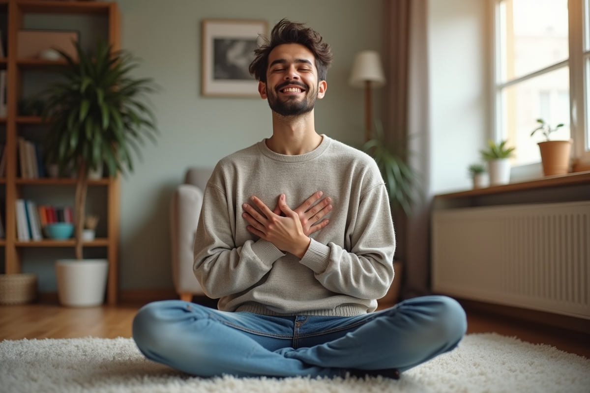 Jeune homme en méditation dans un salon cosy