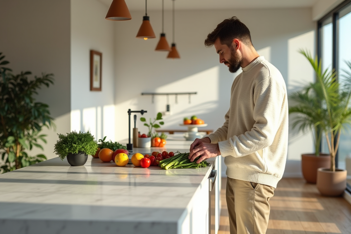 Jeune homme en cuisine préparant des légumes sur un plan en quartz