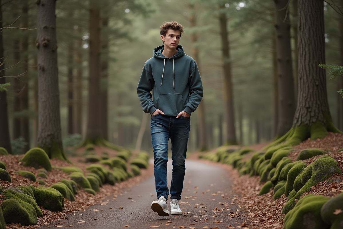 Jeune homme marche dans la forêt en pleine nature