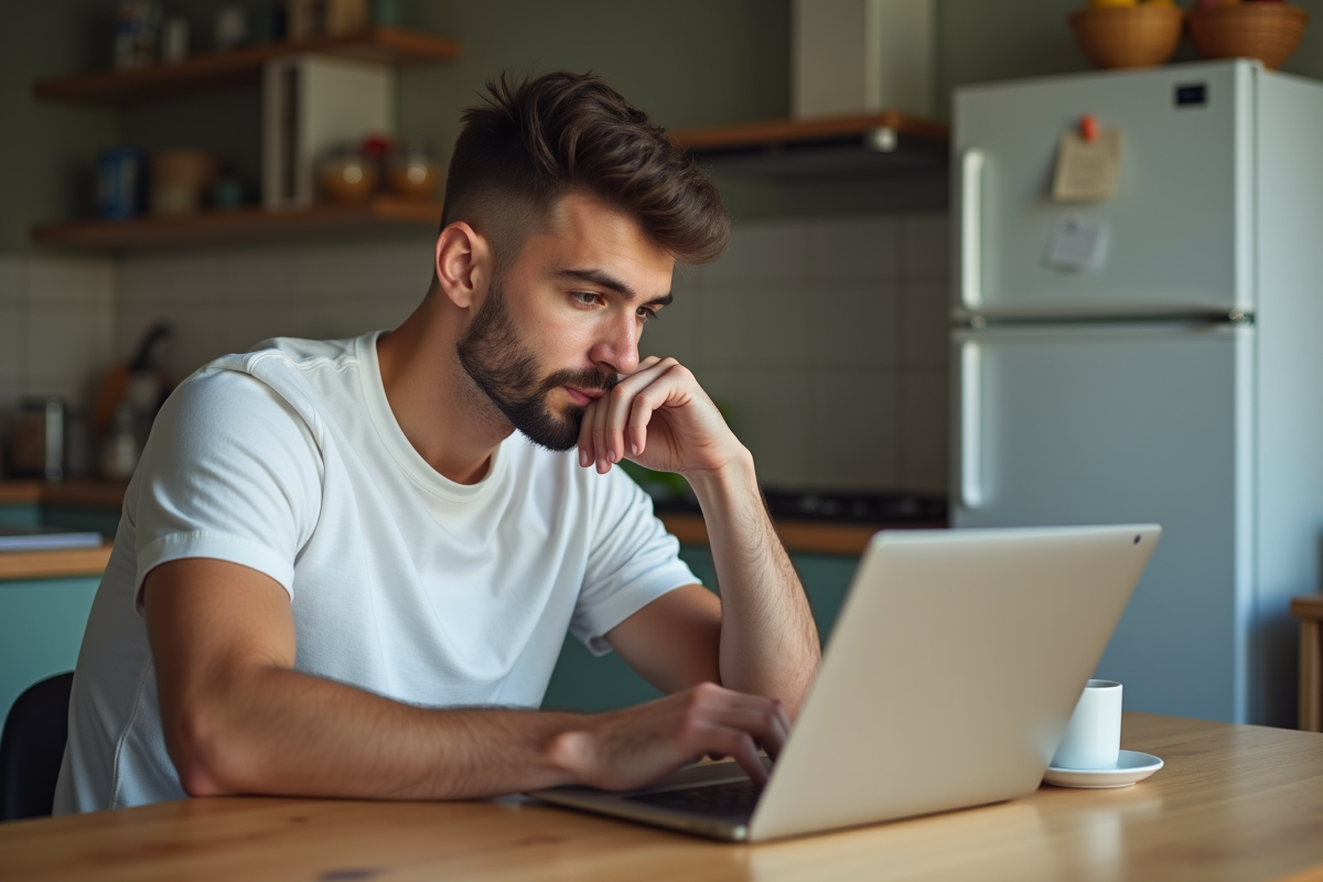 Jeune homme concentré sur son ordinateur dans la cuisine